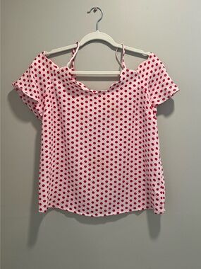 LOFT Pink and Red Polka Dot Off-Shoulder / Spaghetti Strap Blouse